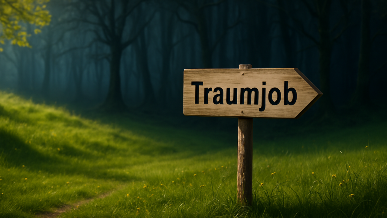 Schild auf dem Traumjob steht und das auf einen düsteren Wald zeigt