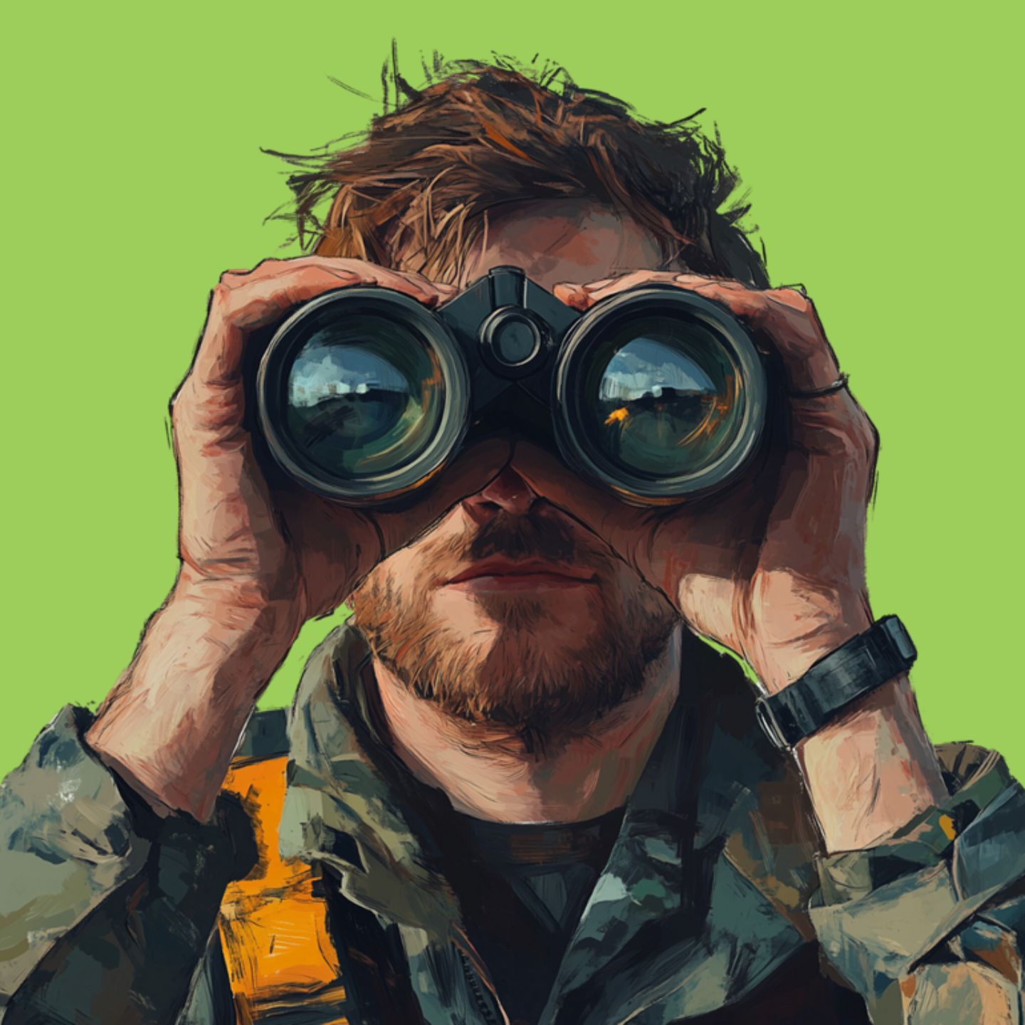 Mann mit Fernglas, was die Suche nach neuen Mitarbeiten symbolisieren soll