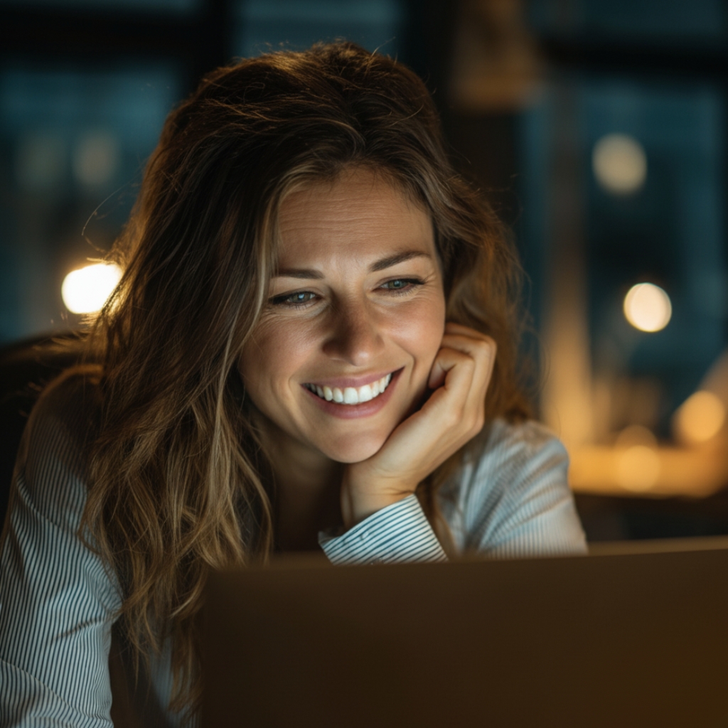 Lächelnde Frau vor einem Laptop