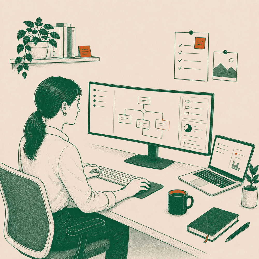 Eine Person richtet am Bildschirm-Arbeitsplatz einen digitalen Ablauf ein.