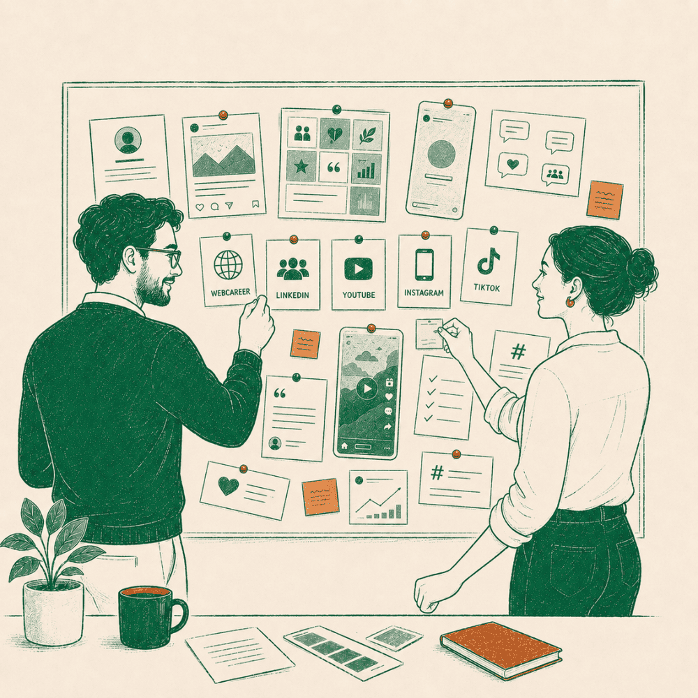 Zwei Personen gestalten an einer Pinnwand ein Moodboard zur Arbeitgebermarke