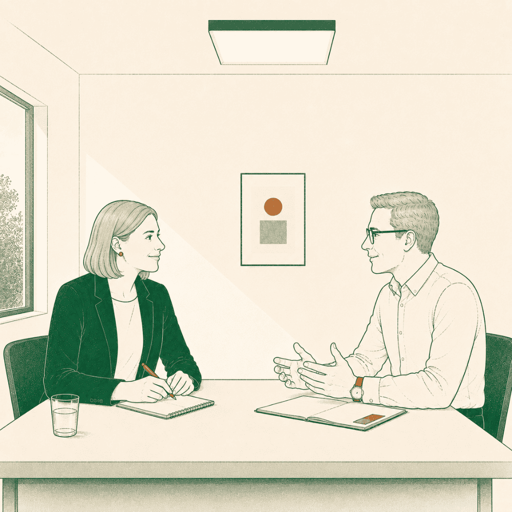 Recruiterin und Bewerber sitzen sich im Vorstellungsgespräch gegenüber.